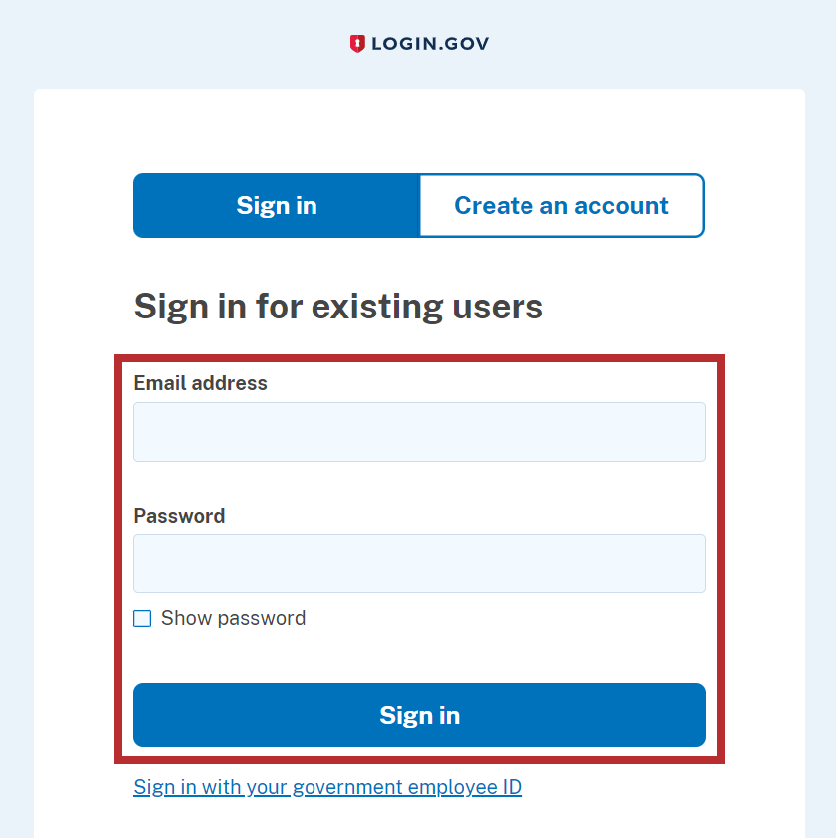 Login screen to input email address and password, and link to sign in with your government employee ID.