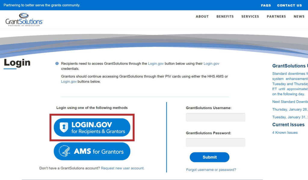 Grantsolutions Login screen with Login.gov button